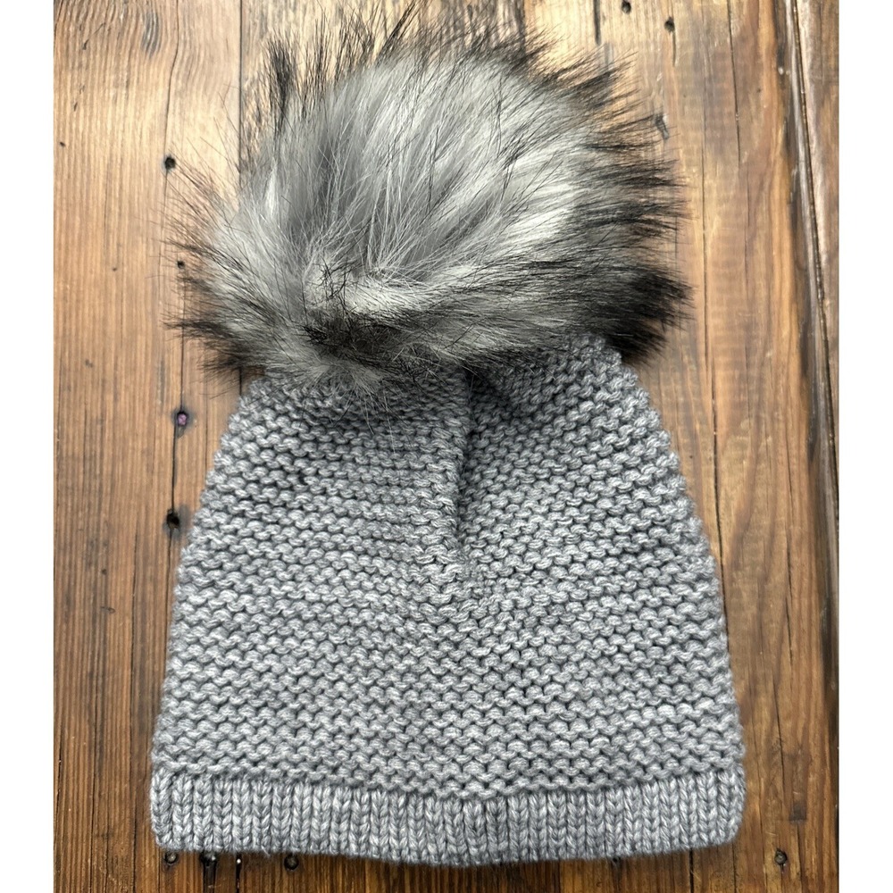 NWT Kyi Kyi  Canada Wool Blend Beanie knit hat w/ Pom  Charcoal Grey Tie Back